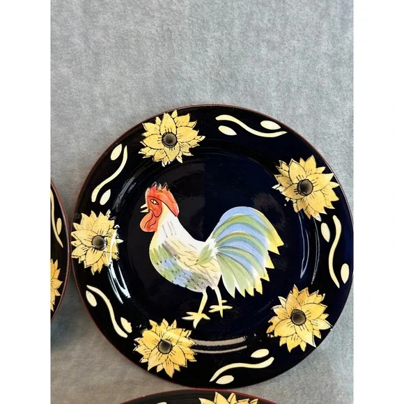 Set of 4 Rooster Sunflower Salad Plates Dark Blue Red Rim‎ Farmhouse  Decor - Picture 3 of 9